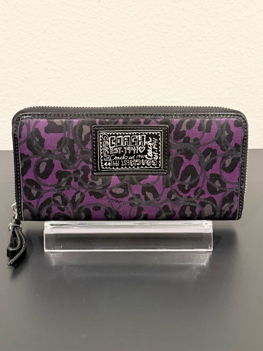 💜 Coach Poppy Ocelot Leopard Print Purple & Black Fabric Zip Around Long Wallet